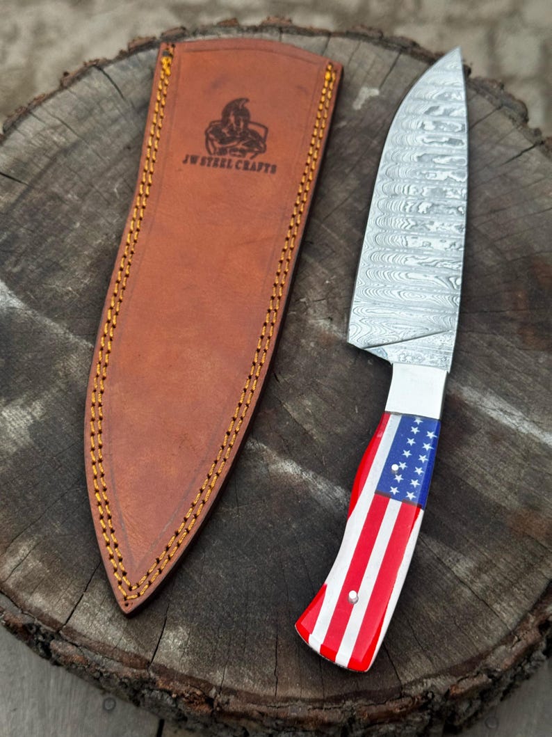 Close-up of the Damascus chef knife's American flag resin handle