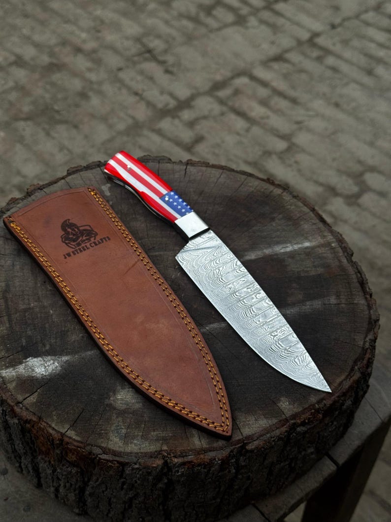 Damascus chef knife with American flag resin handle, full view