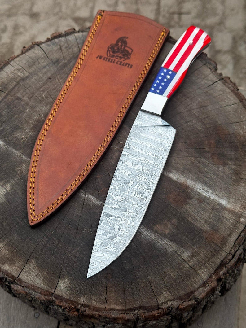 Damascus chef knife with leather sheath and belt loop