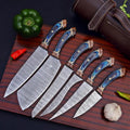 Handmade Damascus chef knife set, 6 pieces with blue wood handles and leather sheath