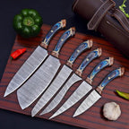 Handmade Damascus chef knife set, 6 pieces with blue wood handles and leather sheath