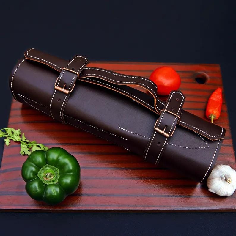 Handmade Damascus chef knife set, angled display view