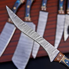Close-up of the Damascus steel blade pattern on the chef knife set