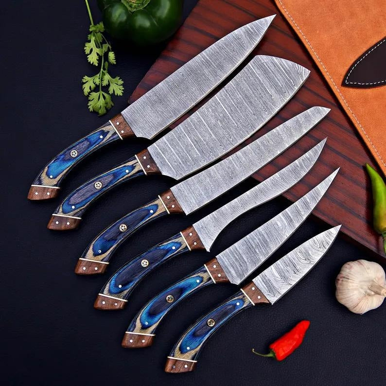 Damascus chef knife set blue wood handle detail