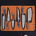 Damascus chef knife set, full 6-piece collection laid out