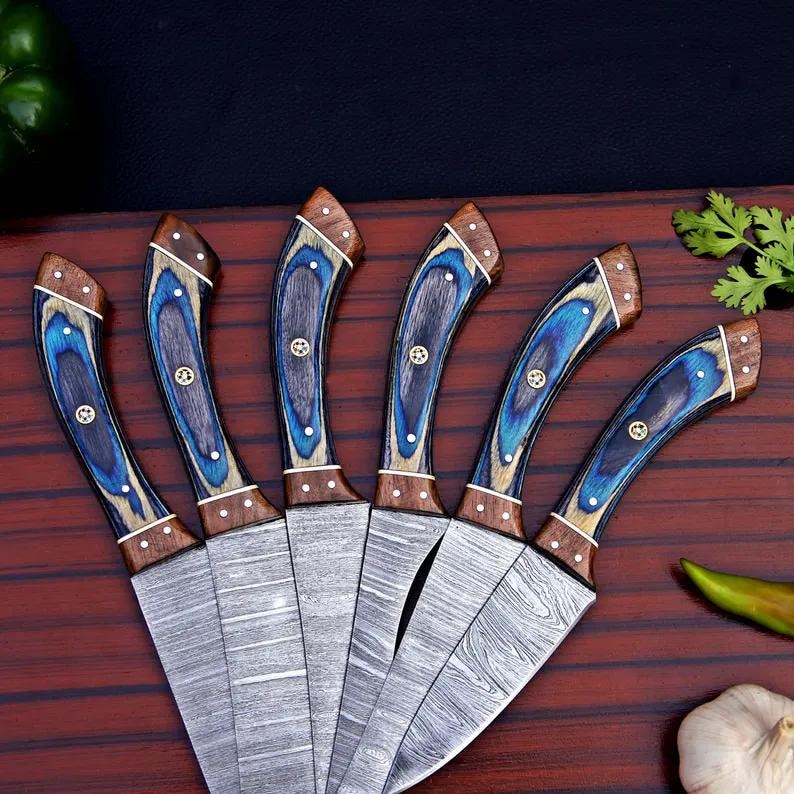 6-piece Damascus chef knife set with matching leather sheath