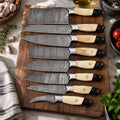 Handcrafted 8-piece Damascus kitchen knife set with white bone handles