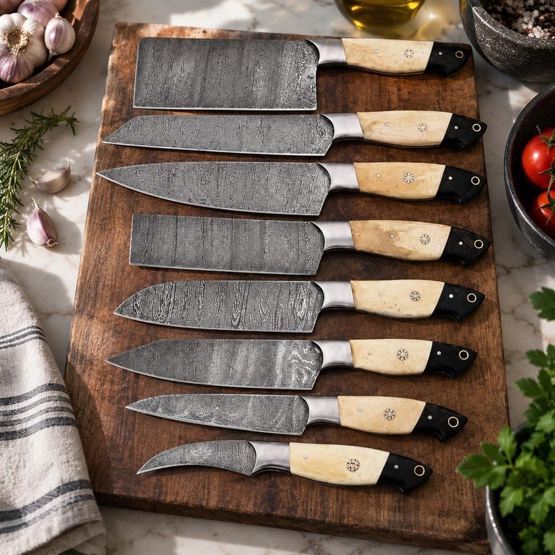 Handcrafted 8-piece Damascus kitchen knife set with white bone handles