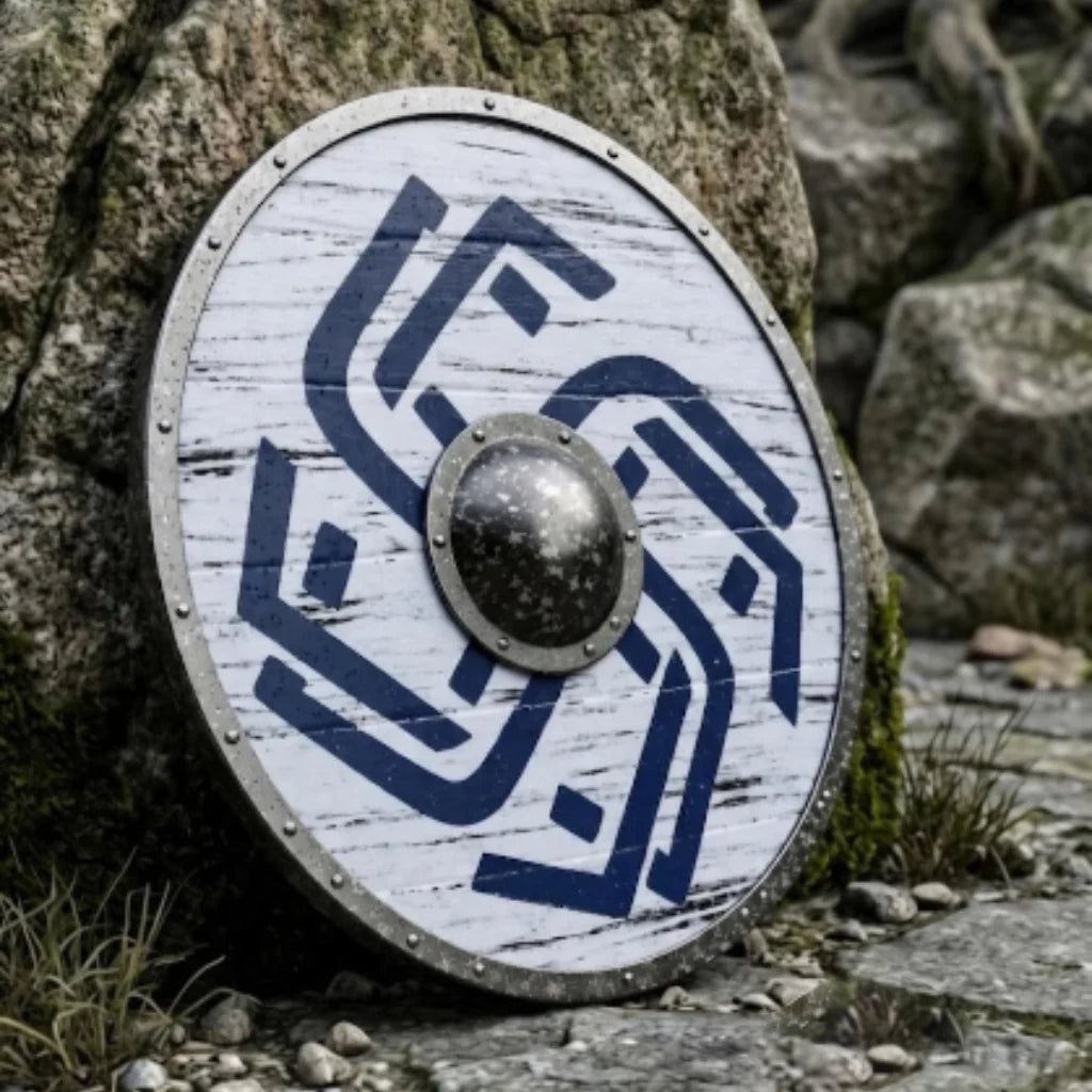 Distressed blue Viking shield, angled display view