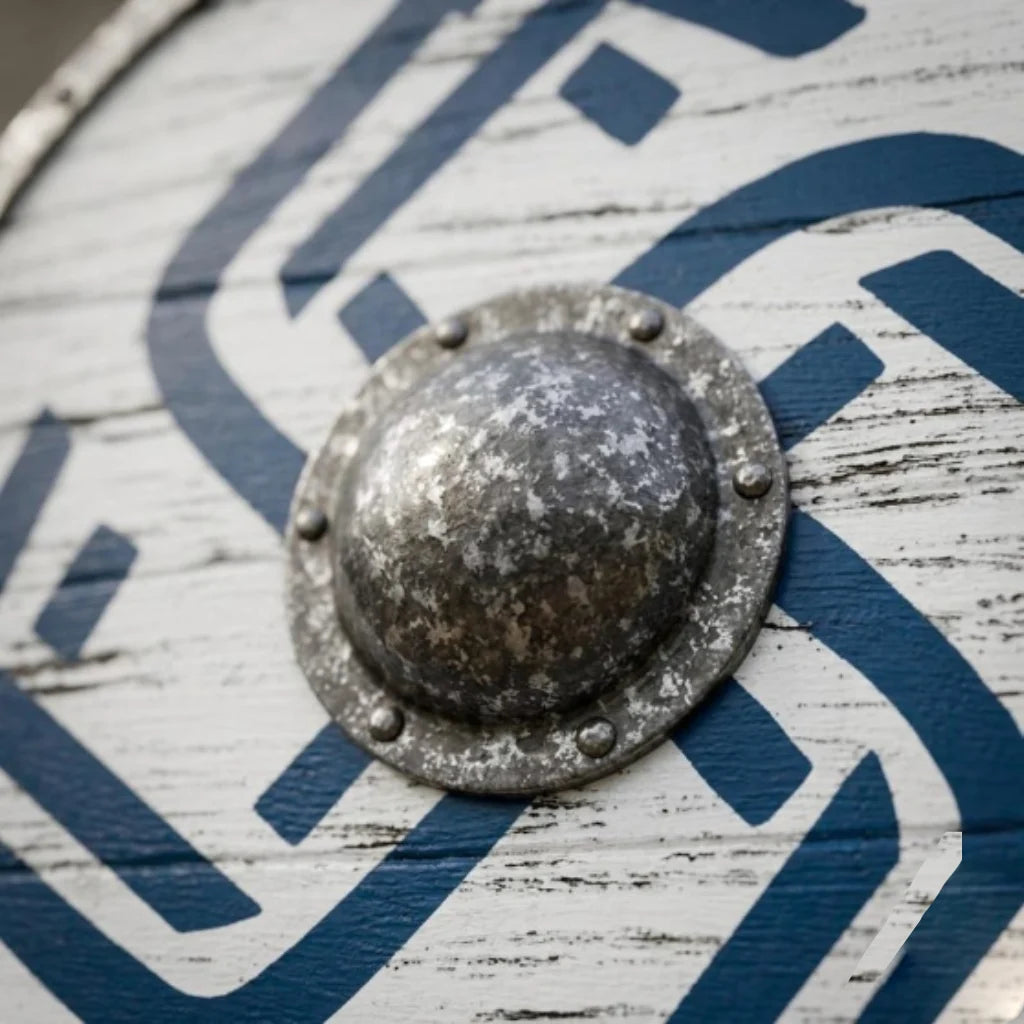 Blue Viking shield distressed wood finish detail