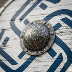 Blue Viking shield distressed wood finish detail