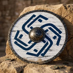 Handcrafted distressed blue Viking shield, full view