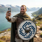 Handcrafted round Viking shield, blue and white Norse design