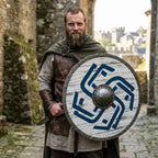 Close-up of the blue Viking shield's metal rim and rivets
