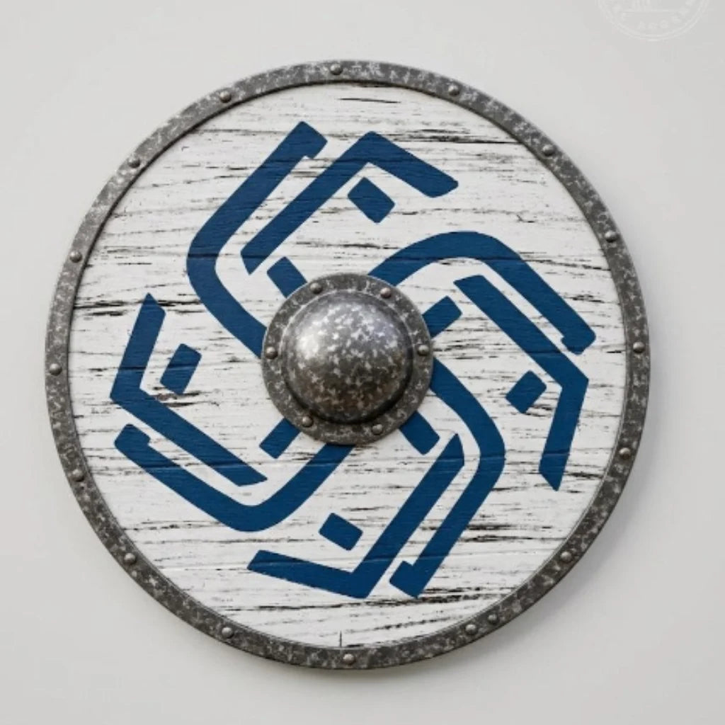 Handcrafted Viking shield displayed as battle-worn wall decor