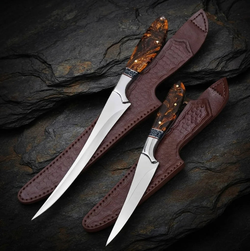 A professional handmade fillet and boning knife set made from high-quality 440C stainless steel, featuring decorative handles and matching tooled leather sheaths.