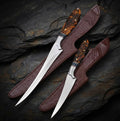 A professional handmade fillet and boning knife set made from high-quality 440C stainless steel, featuring decorative handles and matching tooled leather sheaths.