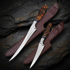 A professional handmade fillet and boning knife set made from high-quality 440C stainless steel, featuring decorative handles and matching tooled leather sheaths.