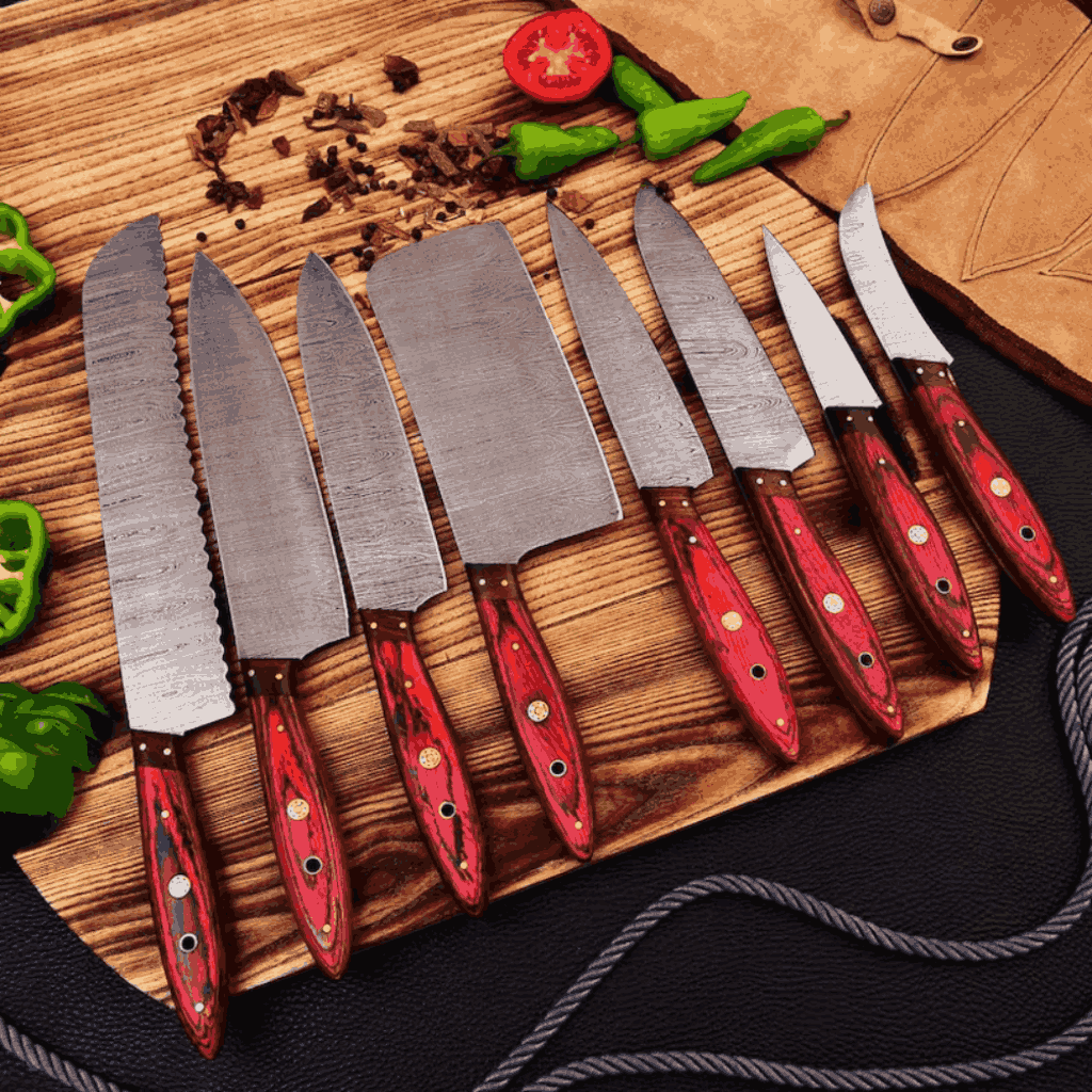 Handcrafted Damascus steel kitchen knife set with crimson red wooden handles and mosaic pins, arranged on a rustic wooden cutting board with fresh vegetables, spices, and a brown leather knife roll bag.