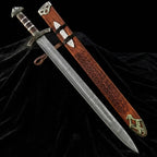 Hand Forged Damascus Steel Viking Sword with Wooden Scabbard | Medieval Norse Long Sword | Handmade Collectible Warrior Sword Gift