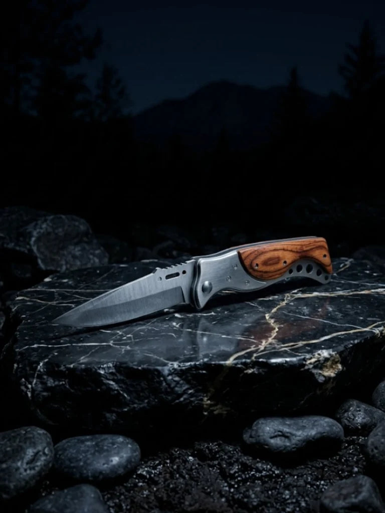 A cinematic outdoor studio shot of a premium stainless steel folding pocket knife resting open on a polished black marble stone with gold veins at night, showcasing a brushed steel blade with jimping, a metallic bolster, and a rich curved wood grain inlay handle.