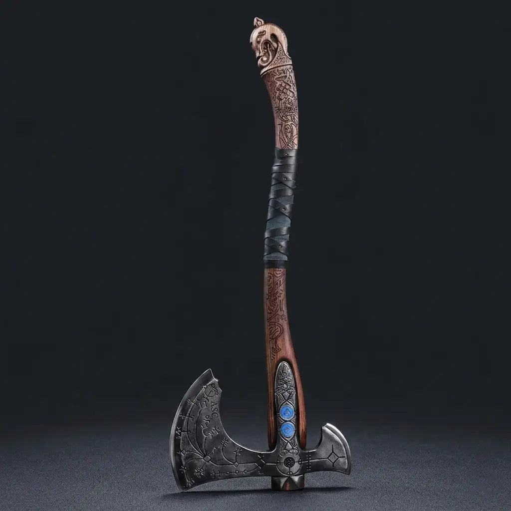 Hand-forged Viking bearded axe featured upside down on a dark background, showing an intricately carved wooden handle with a wolf head pommel, leather wrapping, and engraved runes on the metal blade.