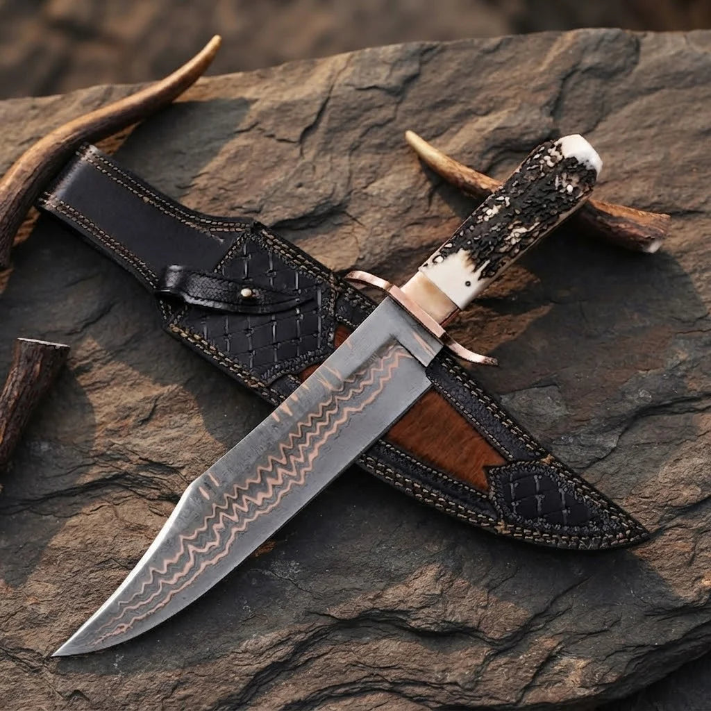 A professional handmade Copper Damascus Bowie knife featuring a natural antler handle and copper guard, paired with a custom leather sheath on a textured stone surface
