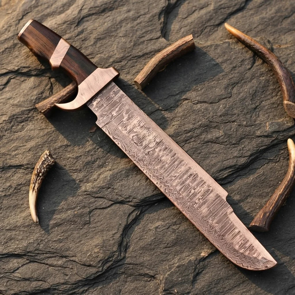 A professional handmade Damascus Bowie knife featuring a 14-inch blade and Wenge wood handle, displayed on a textured stone surface with natural antler accents