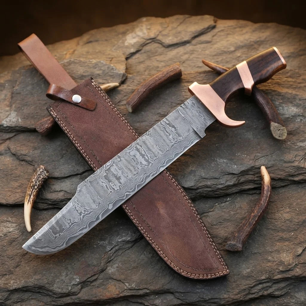 A professional handmade Damascus Bowie knife featuring a 14-inch blade and a rich Wenge wood handle, paired with a custom-fitted leather sheath on a textured stone surface