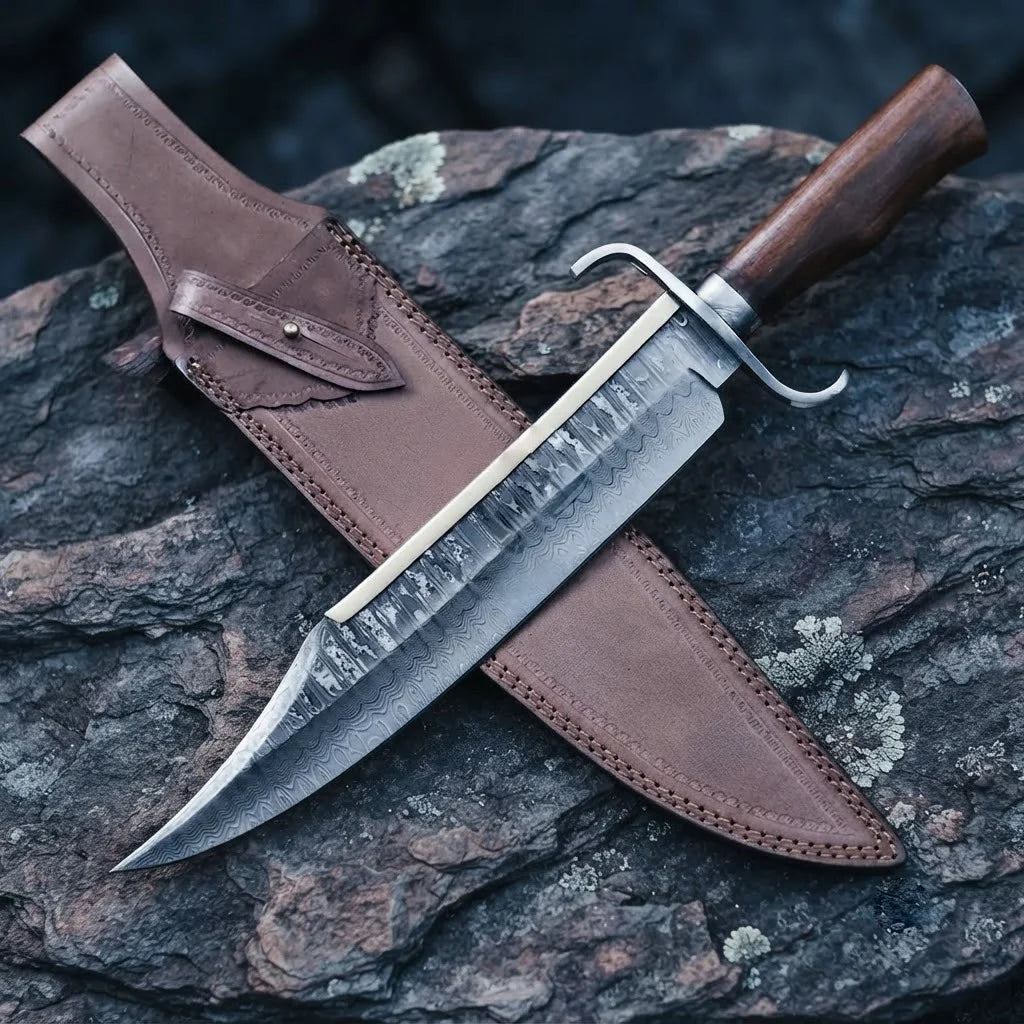 A professional handmade Damascus Bowie knife featuring a VG10 steel blade and Rosewood handle, paired with its custom-fitted leather sheath on a textured stone surface.
