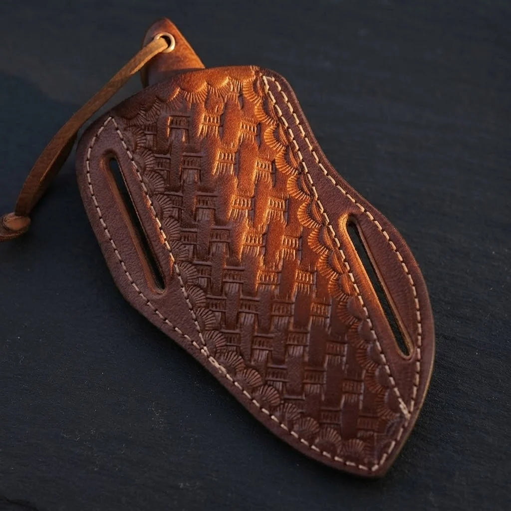 A custom hand-tooled leather pancake sheath for a Damascus cowboy hunting knife, showcasing intricate basket-weave stamping and dual belt slots on a dark stone surface