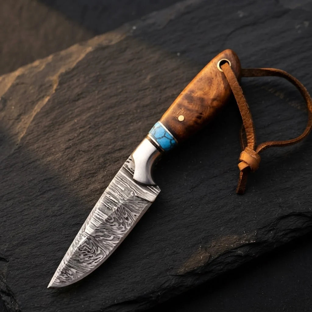 A professional handmade Damascus cowboy hunting knife featuring a rosewood handle, vibrant turquoise spacer, and a leather lanyard, displayed on a textured stone surface