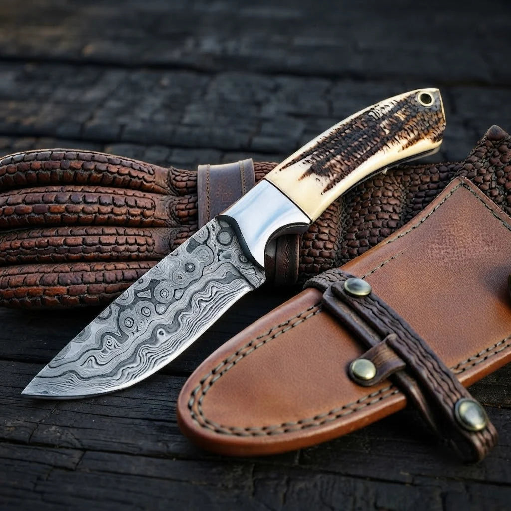 A professional handmade Damascus steel cowboy knife featuring a raindrop pattern blade and stag antler handle, displayed with its button-lock leather sheath on a dark textured background