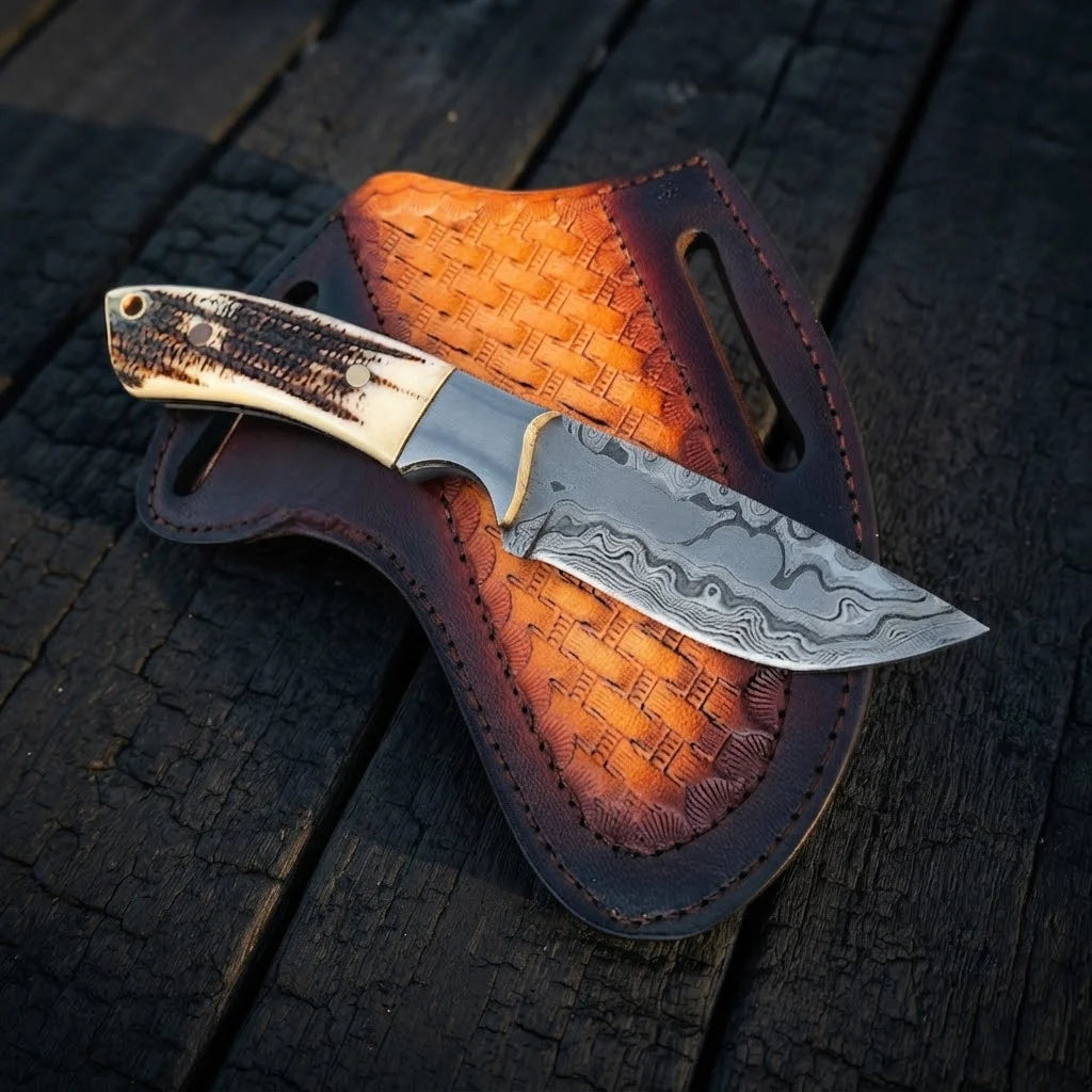 A professional handmade Damascus steel cowboy knife featuring a twist pattern blade, stag antler handle, and brass bolster, resting on its matching tool-stamped leather pancake sheath over a dark wooden background