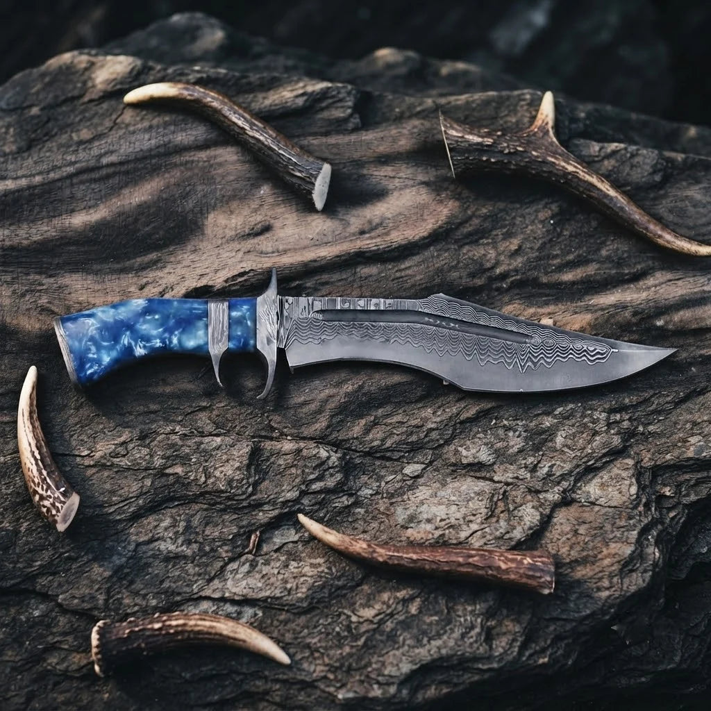 A professional handmade Damascus Bowie knife featuring a 10-inch San Mai VG10/15N20 steel blade and a unique blue resin handle, artistically displayed on a dark stone background with antler accents.