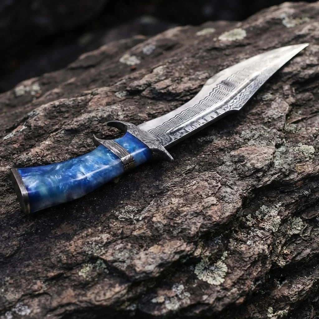 Side profile of a handmade Damascus Bowie knife featuring a 10-inch San Mai VG10/15N20 steel blade and a vivid blue resin handle, resting on a textured, rugged stone surface