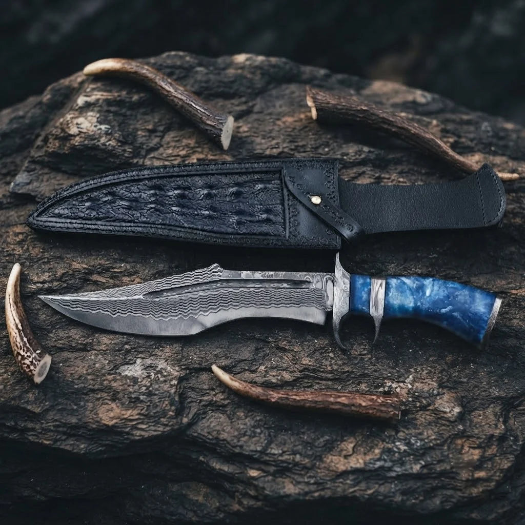 Handmade Damascus Bowie knife with a finger guard, featuring a 10-inch San Mai VG10/15N20 steel blade and a striking blue resin handle, presented with an Italian leather sheath