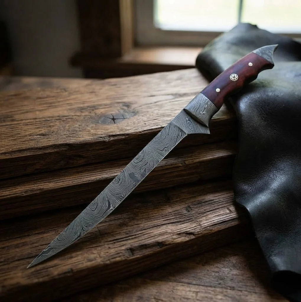 Handmade Damascus steel fishing fillet knife featuring a 7-inch flexible blade and a comfortable Micarta handle, showcased on rustic wooden planks