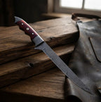 Handmade Damascus fishing fillet knife with a 7-inch flexible blade and ergonomic Micarta handle, displayed on a rustic wooden surface next to a leather apron
