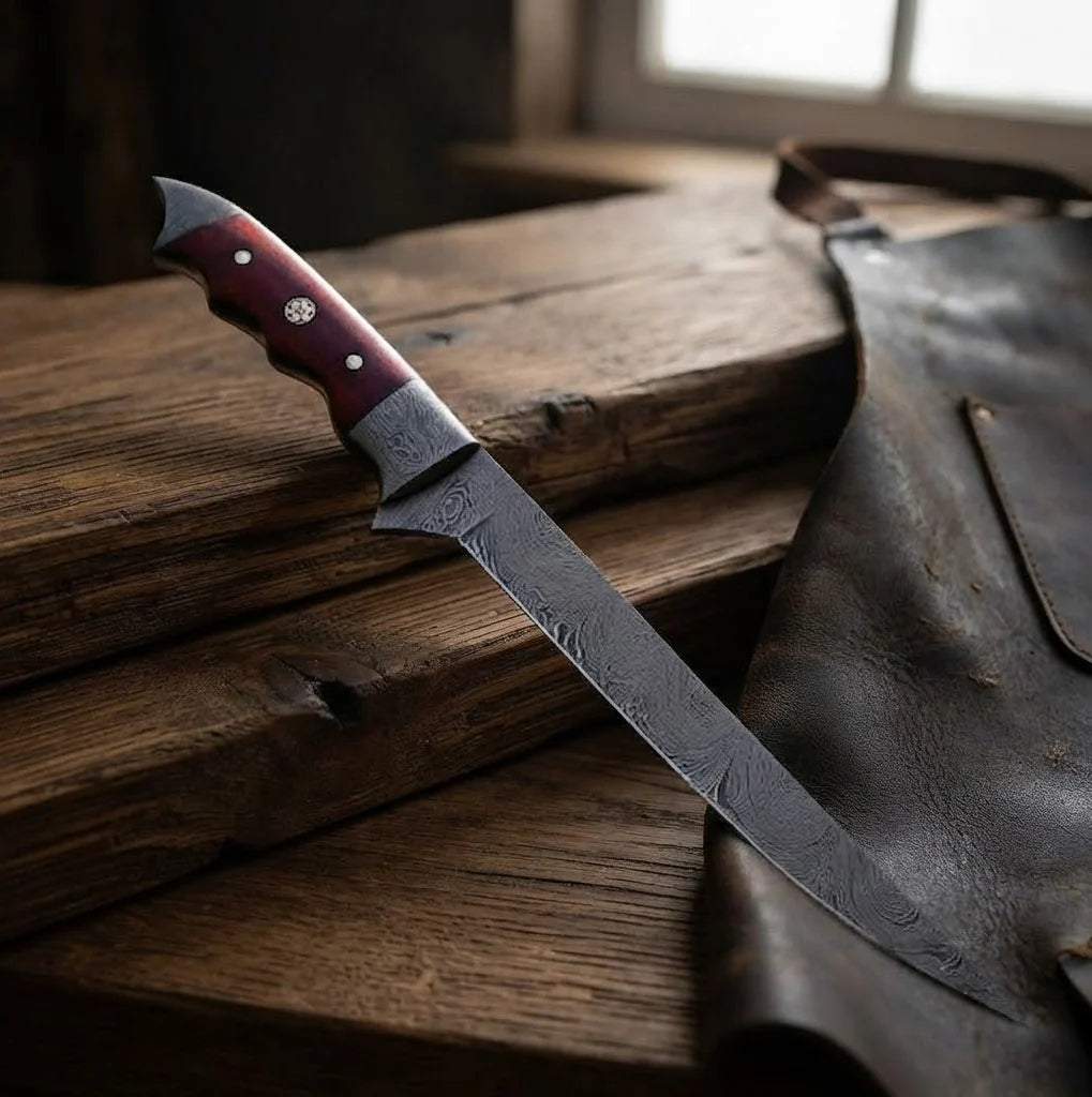 Handmade Damascus fishing fillet knife with a 7-inch flexible blade and ergonomic Micarta handle, displayed on a rustic wooden surface next to a leather apron