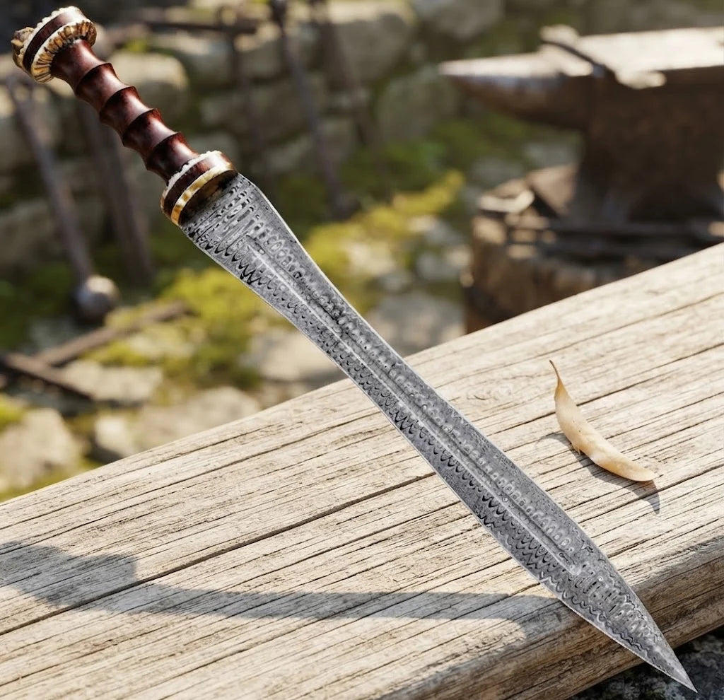 A professional studio shot of a handmade 24-inch Damascus steel Roman Gladius sword featuring an intricate blade pattern and ridged wooden handle resting on a wooden bench with an anvil backdrop