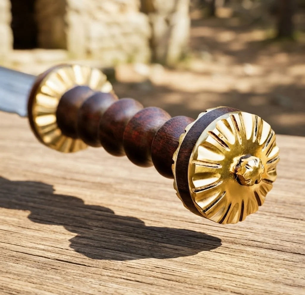 A professional macro close-up of a handmade Damascus Roman Gladius sword showcasing the intricately fluted brass pommel and ridged wooden handle resting over a wooden surface outdoors