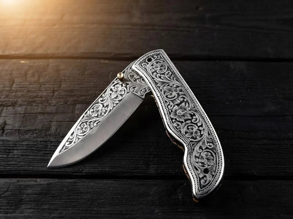 A professional studio shot of a handmade hand-engraved folding pocket knife with a D2 steel blade and ornate floral scrollwork engraving across the handle and bolster, resting on a dark rustic wooden surface