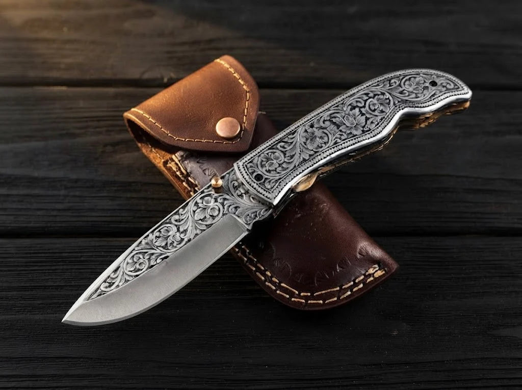 High-quality custom engraved pocket knife showcasing intricate metal carving and a matched brown leather carry holster for groomsmen and gift buyers