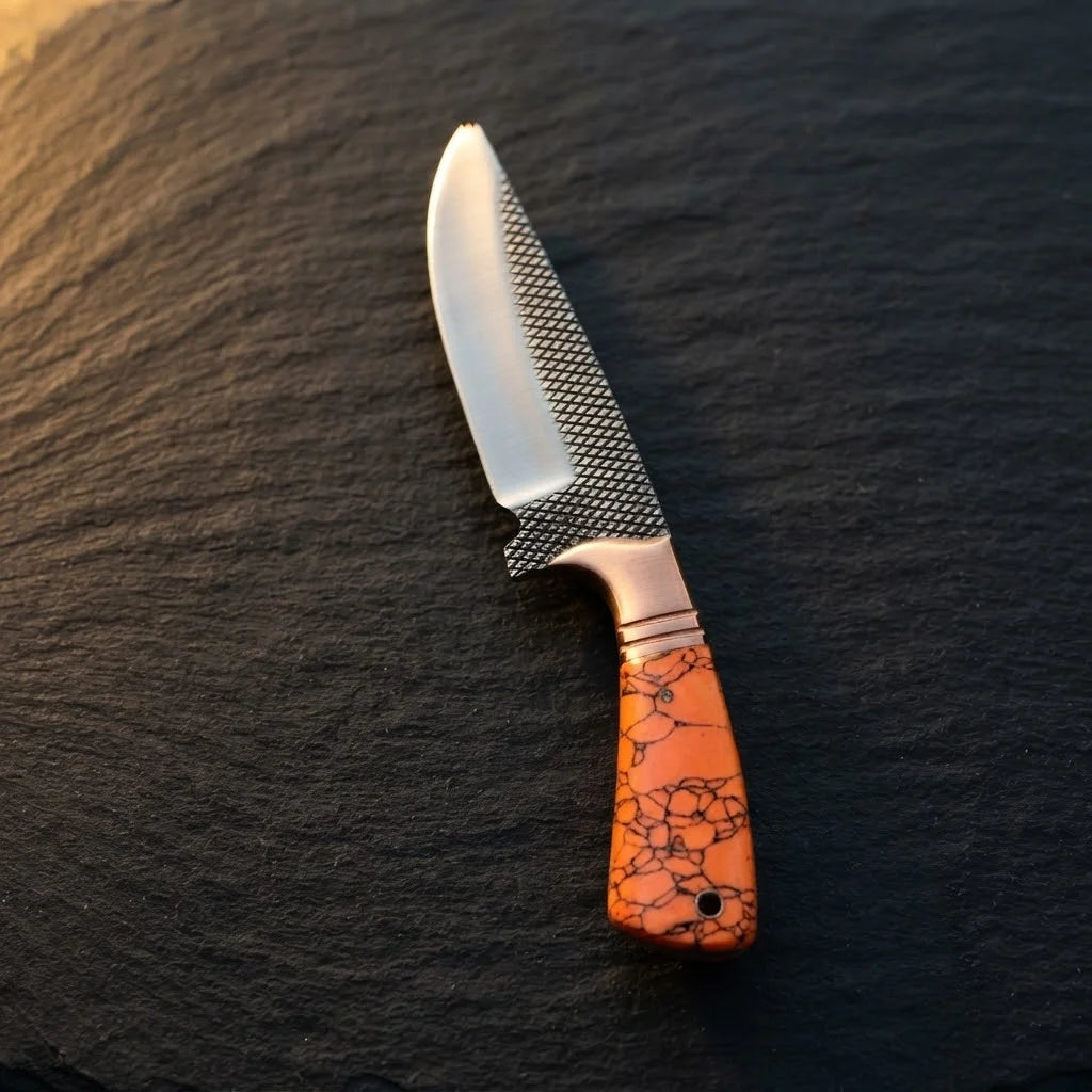 A professional studio shot of a handmade Rasp Forged D2 steel skinning knife with a turquoise marble handle and copper bolster, angled on a dark stone surface