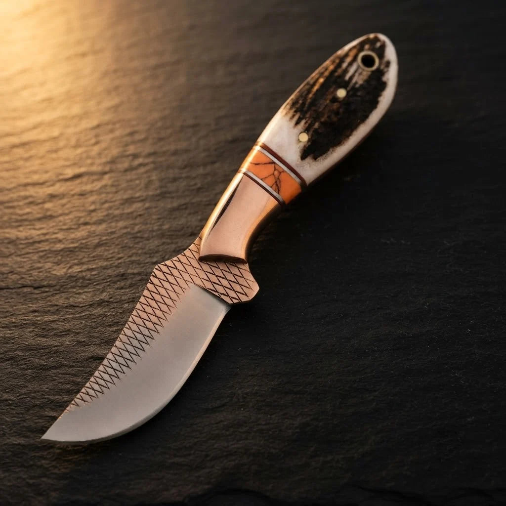 A professional handmade Western belt knife featuring a D2 rasp steel blade, genuine stag horn handle, and copper accents on a dark textured stone surface.