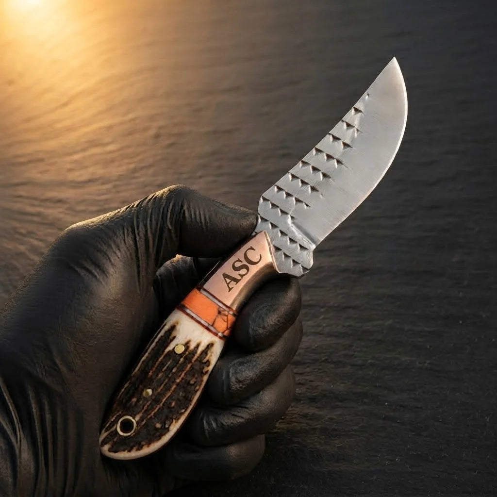A professional in-hand view of a handmade Western belt knife featuring a D2 rasp steel blade with ASC branding, genuine stag horn handle, and copper bolster on a dark background