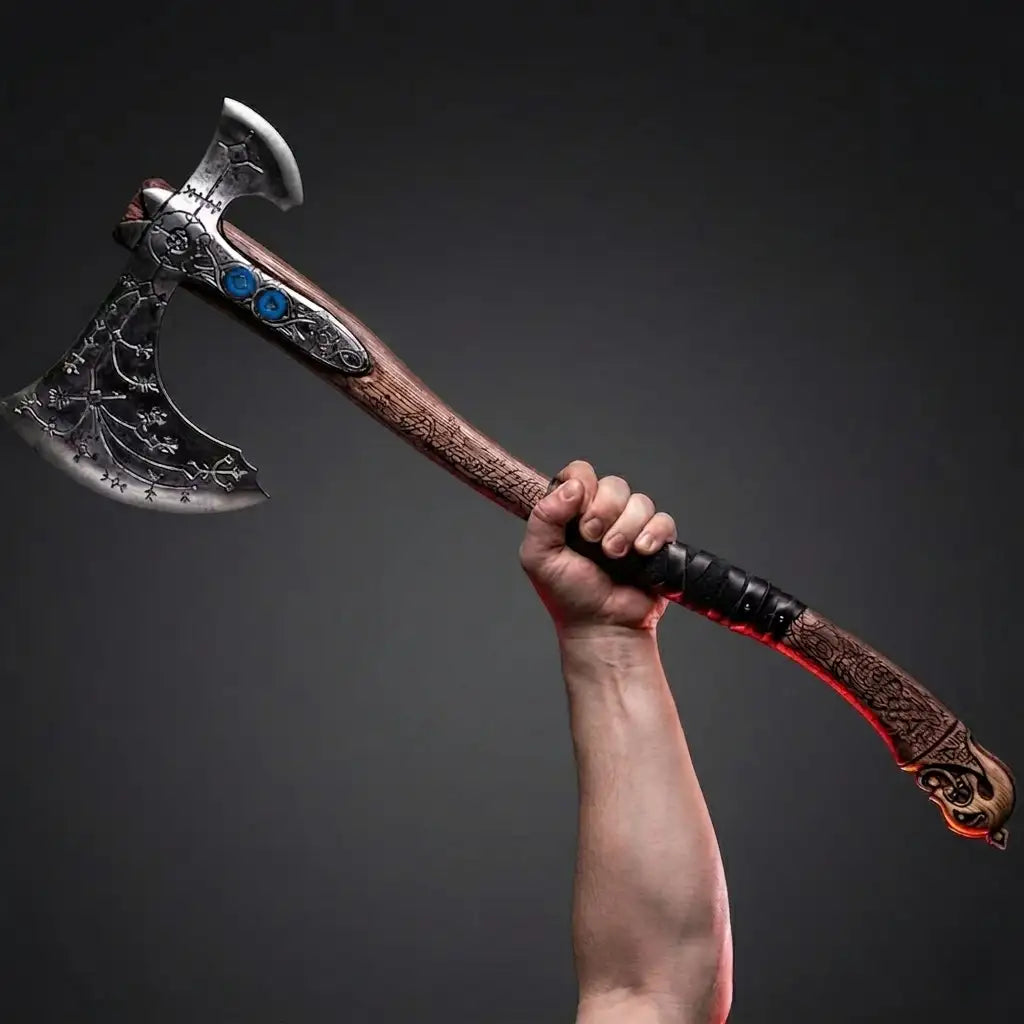 A muscular arm raised high holding a handcrafted Viking bearded axe with both a wide curved blade and a smaller top blade, featuring detailed Norse engravings, blue accents, a leather-wrapped grip, and a carved wooden handle against a dark grey background.