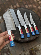 Handmade Damascus Steel Chef Knife Set – American Flag Resin Handles, Professional Kitchen Knives