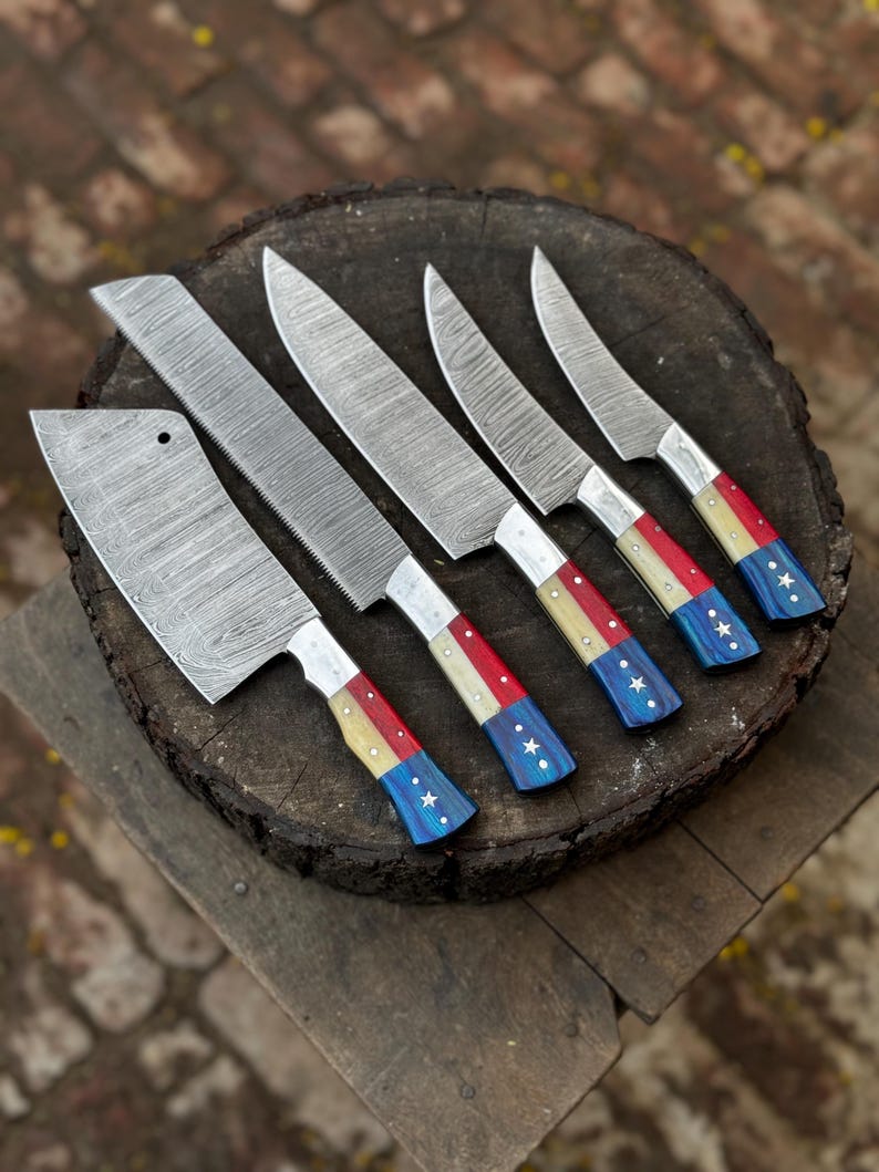 Handmade Damascus Steel Chef Knife Set – American Flag Resin Handles, Professional Kitchen Knives